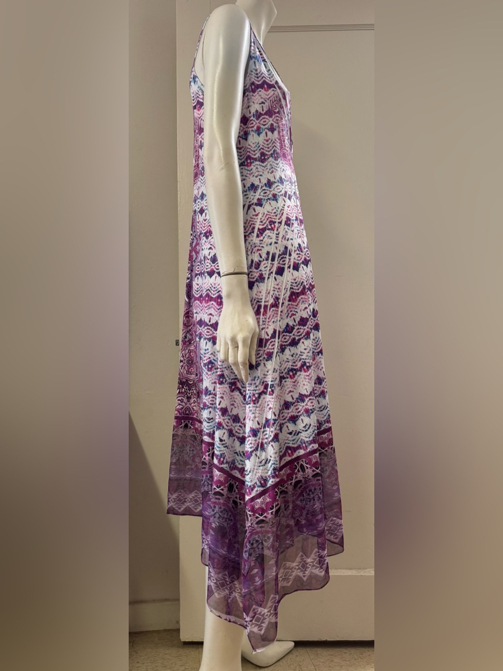 One World sleeveless Purple Midi dress embellished crochet handkerchief hem Sz M - Picture 4 of 14